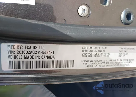 2021 Dodge Challenger Sxt z USA, uszkodzony, nr VIN 2C3CDZAGXMH533481